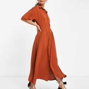 ASOS DESIGN button through waist midi shirt dress in rust